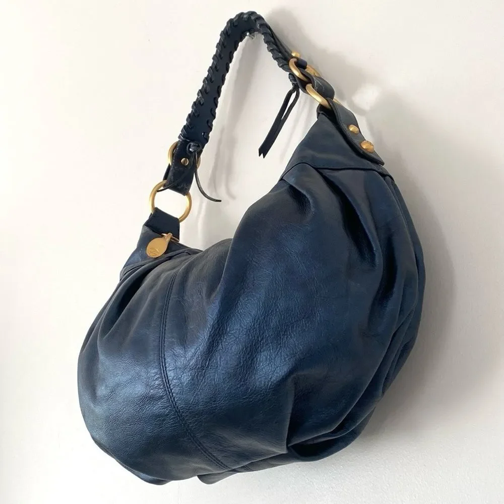 Francisco Biasia Elegant Navy Leather Hobo Bag Gold Tone Hardware Made in Italy